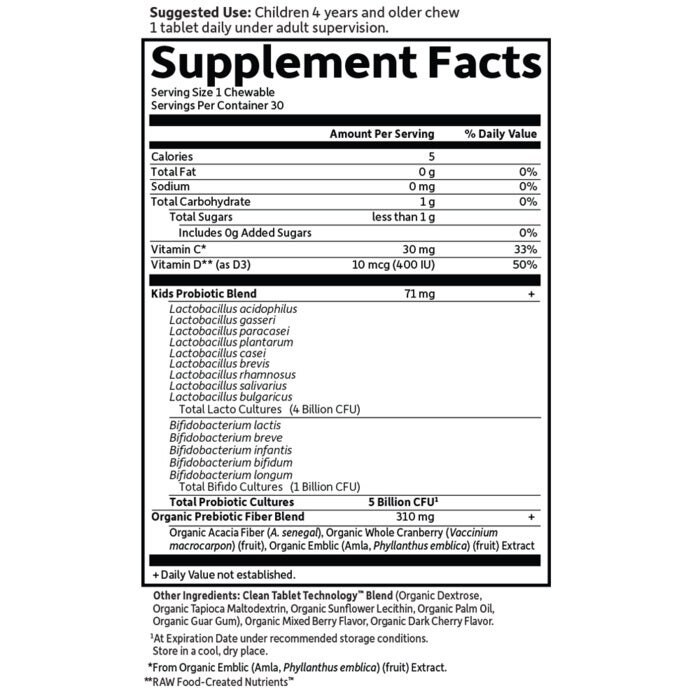 Dr. Formulated Probiotics - Organski probiotiki za otroke+, okus češnjevega jagodičja - 30 žvečljivih tablet - slika 2