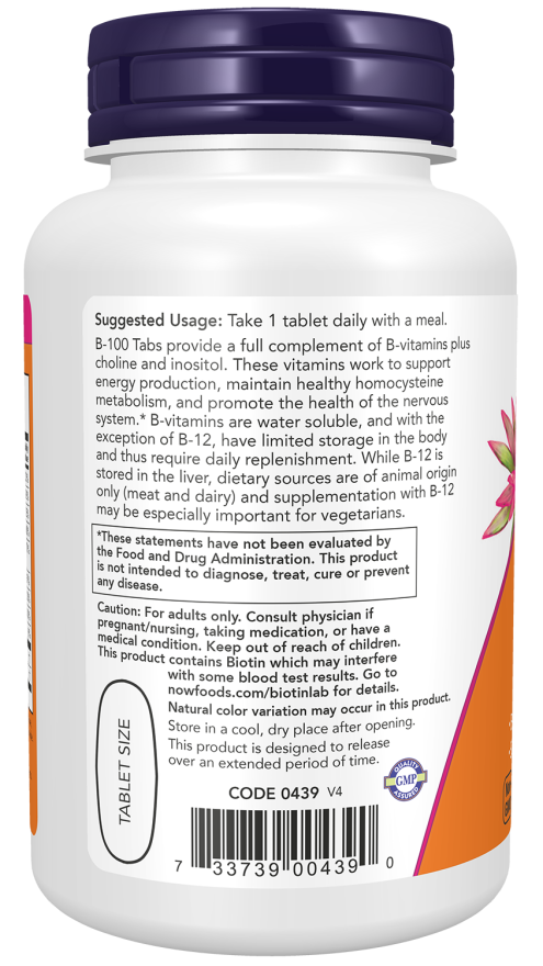NOW Foods - Vitamin B-100 s postopnim sproščanjem, 100 tablet - slika 3